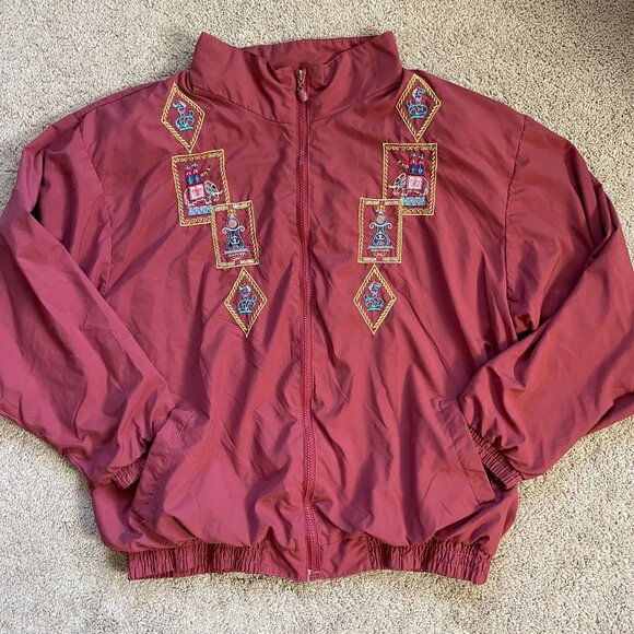 Vintage Adolfo Sport Embroidered Arabian 90s Elephant Orange Zip Jacket Women XL - Picture 2 of 8